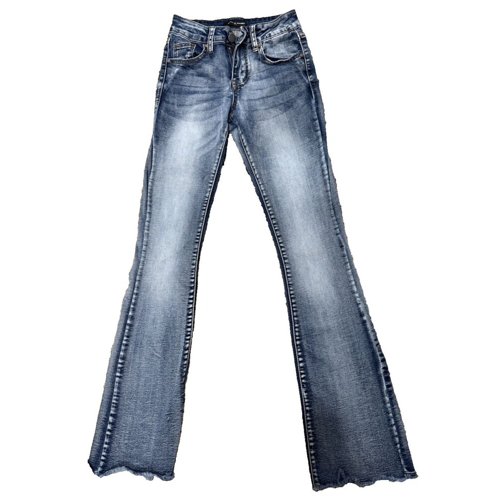 FIRE & RAIN Sz 0 Bootcut Mid Rise Stretch Blue Denim Jeans Fringe Cuffs Y2K Boho